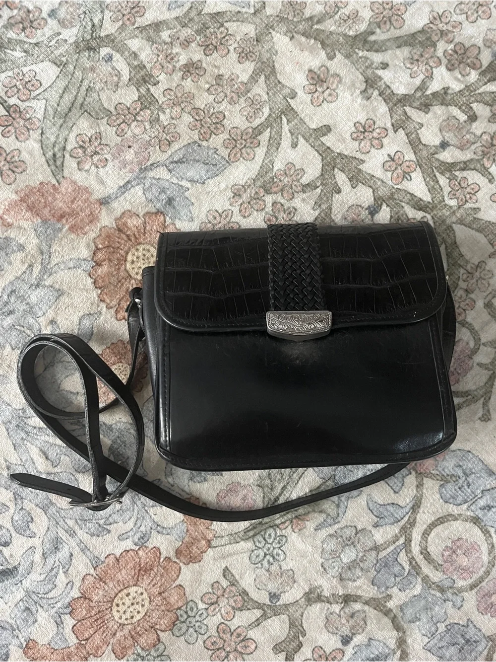 Vintage Black Leather Brighton Black Organizer Crossbody Bag with Silver